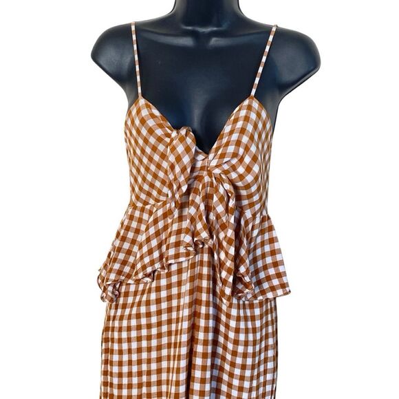 Saylor Laken Sparrow Brown White Gingham Peplum Tie Front Jumpsuit Sz M - Picture 5 of 16